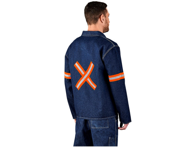 Cast Premium 100% Cotton Denim Jacket - Reflective Arms And Back - Orange Tape - Image 3